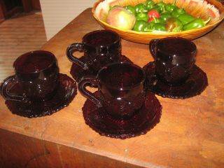 4 Vintage Avon 1876 Cape Cod Ruby Red Glass Cups & Saucers