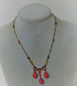 Vintage Art Deco Czech Red Glass Dangle Bead Chain Necklace