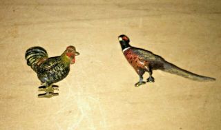 Antique Vintage Dollhouse Or Miniature Painted Metal Pheasant & Rooster Animals