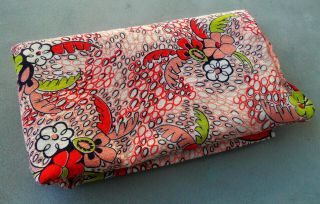Vintage 50s - 60s Feedsack? Cotton Fabric Stylized Flowers,  Salmon Pink,  Red Green