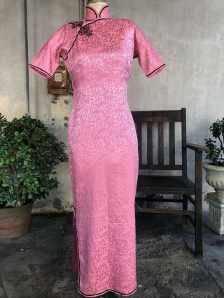 Vintage 1940s Pink Silk Cheongsam Qipao Dress Feather Brocade Ponku 1930 Antique