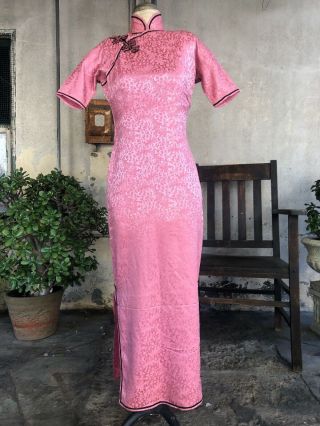 Vintage 1940s Pink Silk Cheongsam Qipao Dress Feather Brocade Ponku 1930 Antique 2