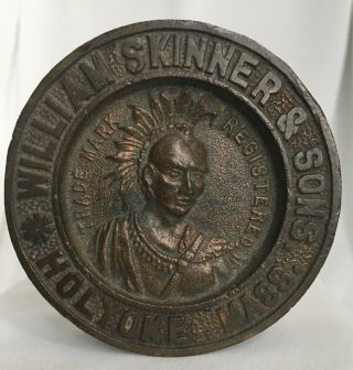 C1886 Antique Bronze Advertising Paperweight William Skinner & Sons Indian Chief