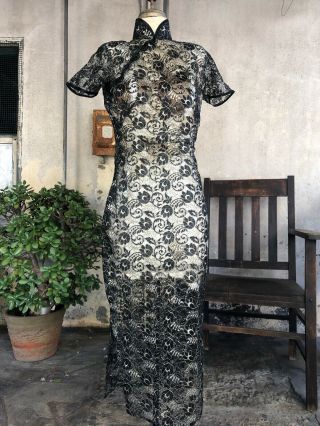 Antique 1930s 1940s Black & Silver Lace Cheongsam Qipao Dress Flowers Vintage