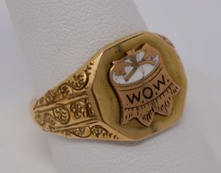 Antique Wow Woodsmen Of The World Mens Signet Ring W/ 14k Gold Shell Sz.  10.  25