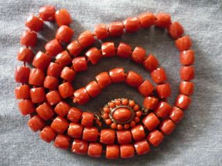 Vintage/antique Faceted Coral Bead Necklace - Natural Ox Blood Red Mediterranean