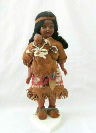 1950s Unique Indian Girl 7 1/2 " Sleepy Eye Doll - Beaded Sued W/papoose On Stand