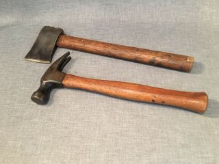 Vintage 15 1/2 " Hatchet W/ Wood Handle And Framing Hammer W/ Wood Handle