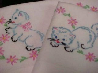 Vintage Pillowcases Hand Embroidered Kitty Cats At Play 1940s Antique