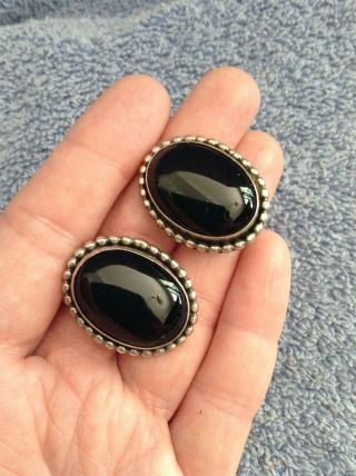 Vintage Sterling Silver 925 Black Onyx Clip Earrings Large Oval Statement Chunky