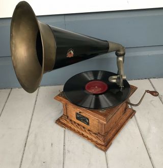 Antique C1910 Oak Victor Talking Machine Victor Ii Phonograph & Horn