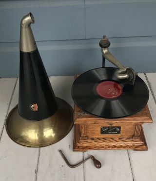 Antique c1910 Oak Victor Talking Machine Victor II Phonograph & Horn 2