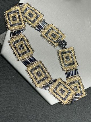 Vintage Marcasite Gray And Gold Woven Seed Bead Choker 16” Inches Long