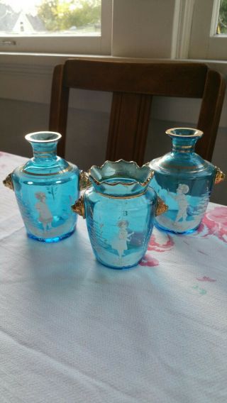 Antique Mary Gregory Art Victorian Glass Blue / Aquamarine