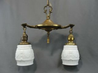 Antique Art Nouveau Era Two Light Brass Chandelier Molded Milk Glass Shades