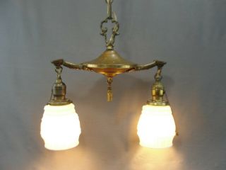 Antique Art Nouveau Era Two Light Brass Chandelier Molded Milk Glass Shades 2