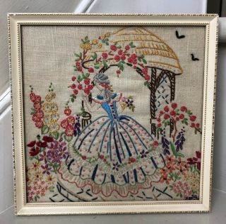 Framed Vintage Hand Embroidered Tapestry Panel Crinoline Lady