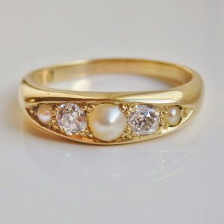 Stunning Antique Victorian 18ct Gold Diamond & Pearl Ring C1890; Uk Size 