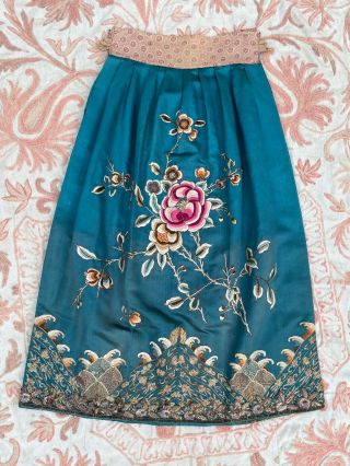 Vintage 1930s Gold Embroidered Satin Chinese Skirt Sequins Blue Cheongsam Qipao