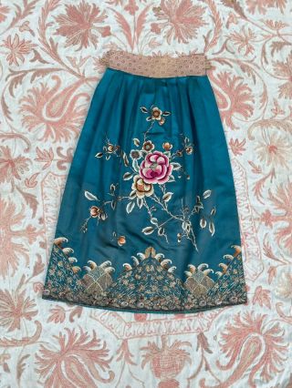 Vintage 1930s Gold Embroidered Satin Chinese Skirt Sequins Blue Cheongsam Qipao 2