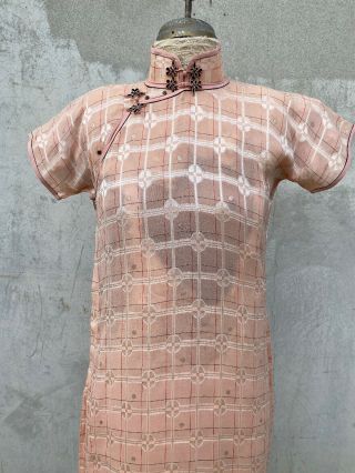 Antique 1930s Pink Silk Chiffon Cheongsam Plaid Sequins Deco Qipao Dress Vintage 2