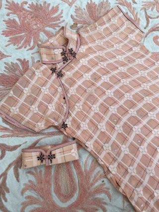 Antique 1930s Pink Silk Chiffon Cheongsam Plaid Sequins Deco Qipao Dress Vintage 3