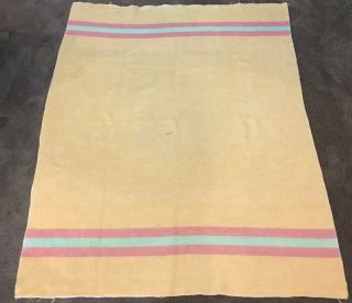 Pink Peach Green Stripe Reversible Vintage Wool Camp Blanket 58” X 74” Cutter