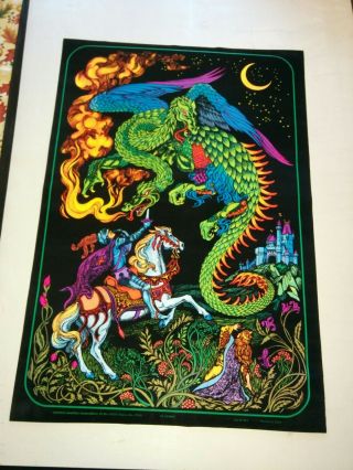 Vintage Black Light Poster Western Graphics 70s St.  George The Dragon Slayer