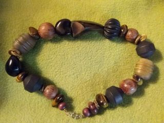 Vtg African Tribal Boho Wood Resin Stone Bead Statement Necklace