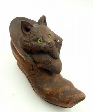 Antique Hand Carved Wooden Black Forest Cat W Glass Eyes In The Book Inkwell