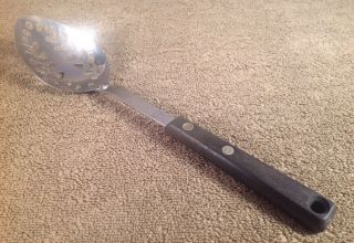 Vintage Ekco Flint Stainless Steel Slotted Spoon With 2 Rivet Black Handle