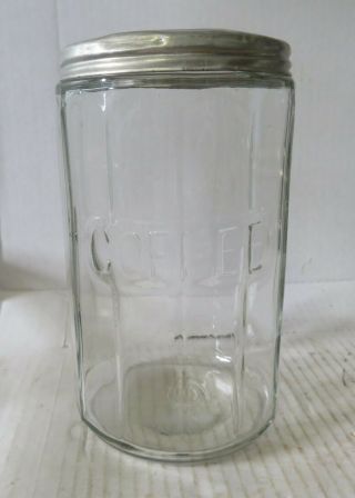 Vintage Hoosier Ribbed Clear Glass Embossed Coffee Jar Aluminum Lid