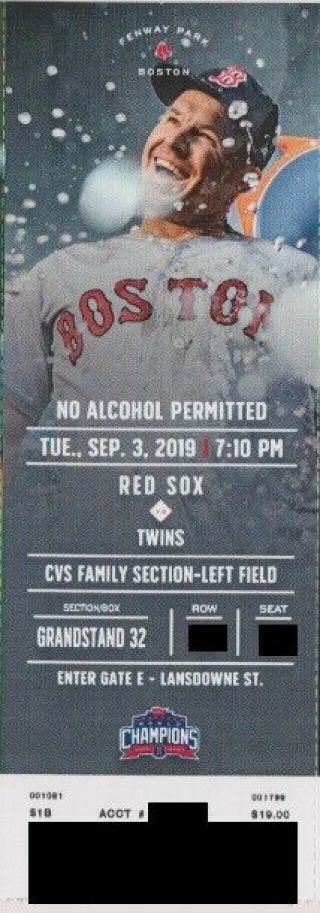 Boston Red Sox V Minnesota Twins Ticket Stub 9/3/2019 @ Fenway Park