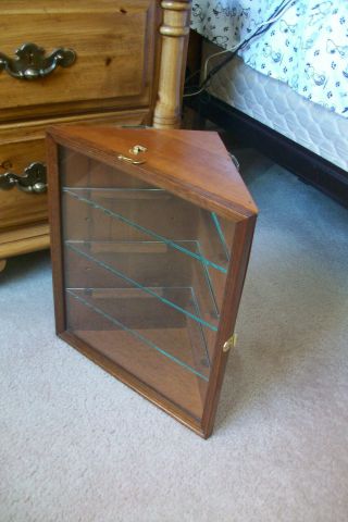 Vintage Wood and Glass Corner Wall Shelf Display Case 2