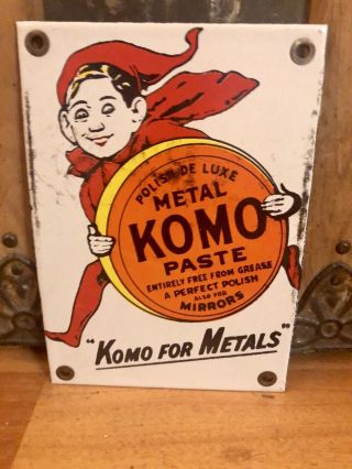 Rare Old Antique Vintage 7 " X 5 " Komo Metal Paste Door Push Enamel Metal Sign