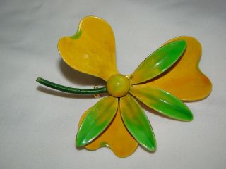 Vintage By Robert Rare Enamel Yellow And Green W/stem Flower Brooch Pin