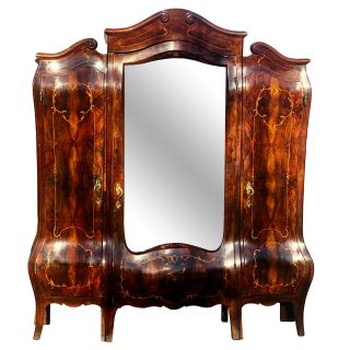 Antique French Rococo Louis Xv Burl Walnut Inlaid Mirrored Armoire Wardrobe