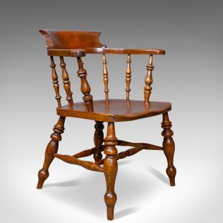 Antique Elbow Chair,  Victorian,  Elm,  Bow - Back,  Smokers,  Captains,  Desk C.  1880