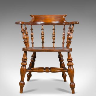 Antique Elbow Chair,  Victorian,  Elm,  Bow - Back,  Smokers,  Captains,  Desk c.  1880 2