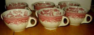 Vintage 6 Pink Or Red Willow 2 Handle Soup Cups Usa
