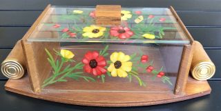 Vintage Hand Painted Floral Glass Wooden Trinket Vanity Coffin Box