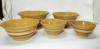 Set Of 5 Early Antique Yellow Ware Brown White Banded Mixing Bowls Rolled Edge