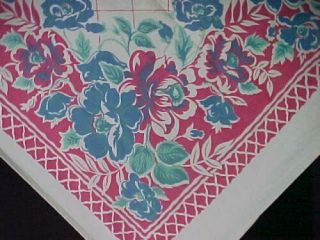 Vintage Tablecloth Printed Cotton Flowers Blue Red 1940s Era 50x62 " Estate Find