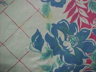 Vintage Tablecloth Printed Cotton Flowers Blue Red 1940s Era 50x62 