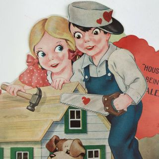 Vintage Valentine’s Day Greeting Card Cute Boy Girl Building Doghouse Puppy Dog