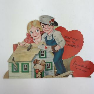 Vintage Valentine’s Day Greeting Card Cute Boy Girl Building Doghouse Puppy Dog 2