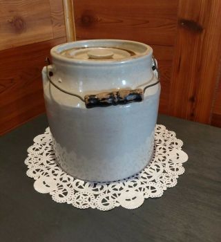 Antique Stoneware Crock With Lid & Wire Bail Handle