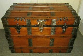 Antique Steamer Trunk Large Vintage Victorian Flat Top Wooden Chest W/key C1890