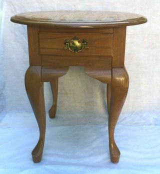 Vintage Oak Oval End Table Queen Anne Leg With Drawer -