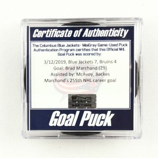 2018 - 19 Brad Marchand Boston Bruins Game - Goal - Scored Puck - Backes Assist
